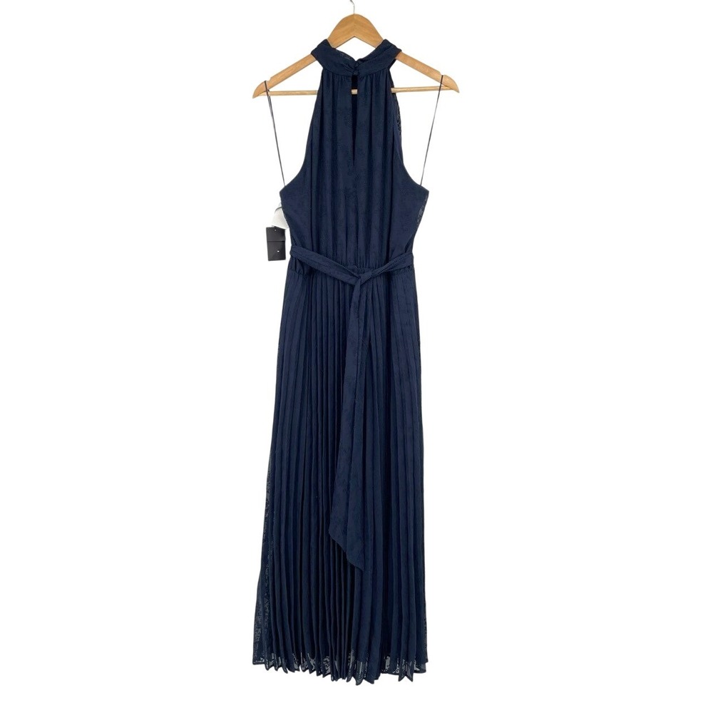 NEW Halogen Womens Size 1 Pleated Tie Waste Maxi Dress Halter Neck‎ Blue Belted - Picture 3 of 10
